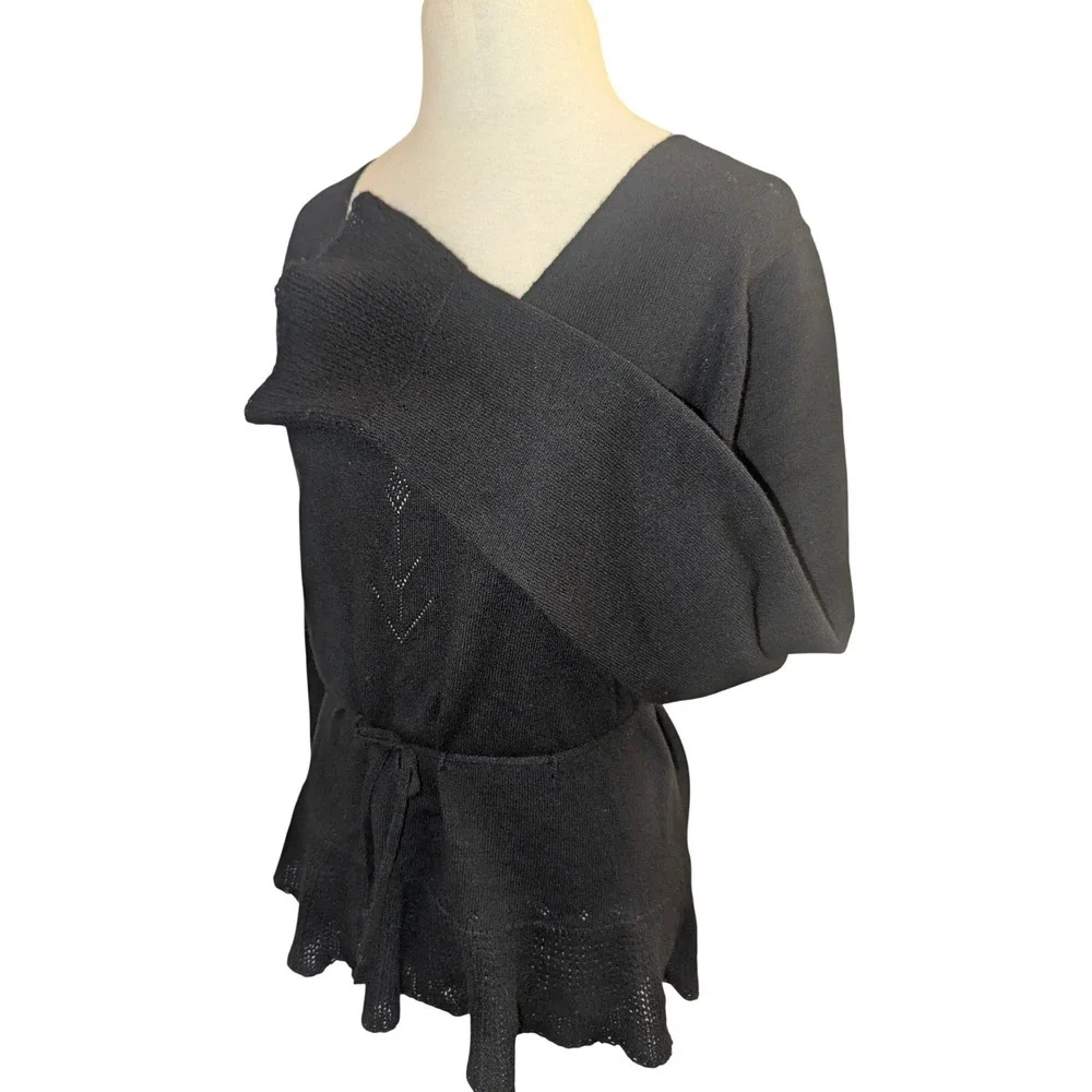 MaxStudio‎ Cahsmere Sweater Women M Black V-Neck Tie Waist Peplum Bell Sleeve XL
